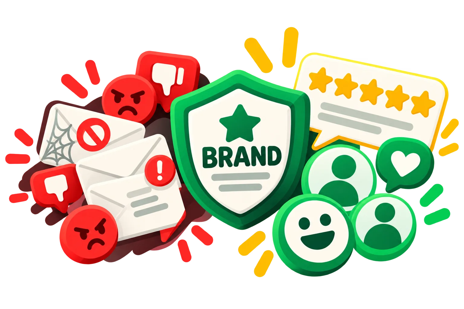 A brand shield between angry spam reports and happy customers giving five-star reviews