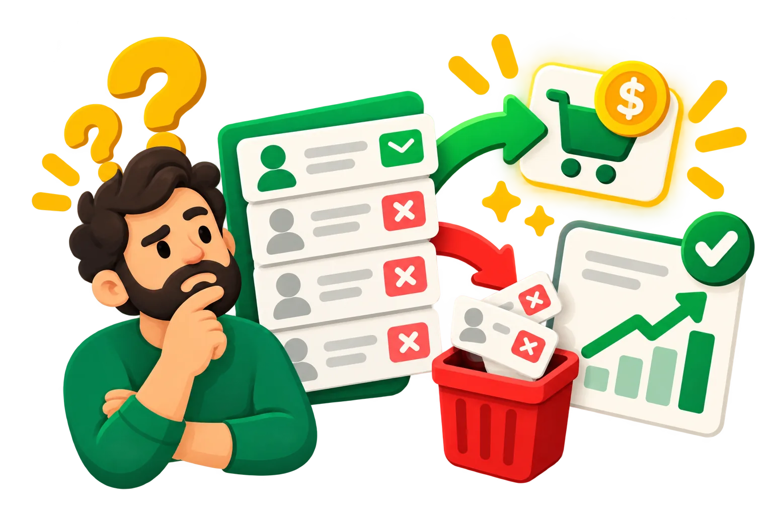 A marketer weighing a contact list: engaged contacts lead to sales, dead ones go to the bin and the chart goes up