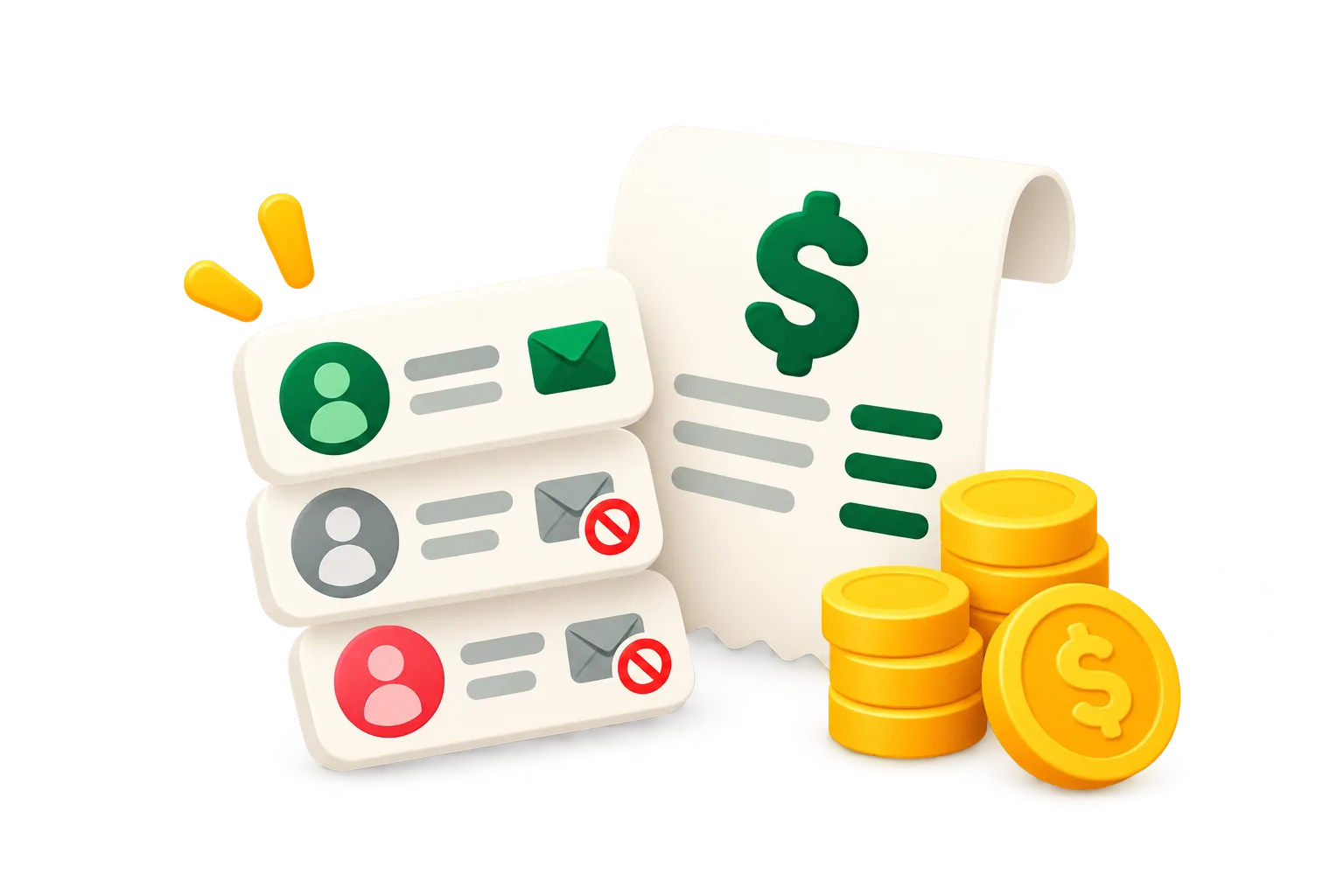 Subscribed, unsubscribed and bounced contacts next to a bill and a stack of coins
