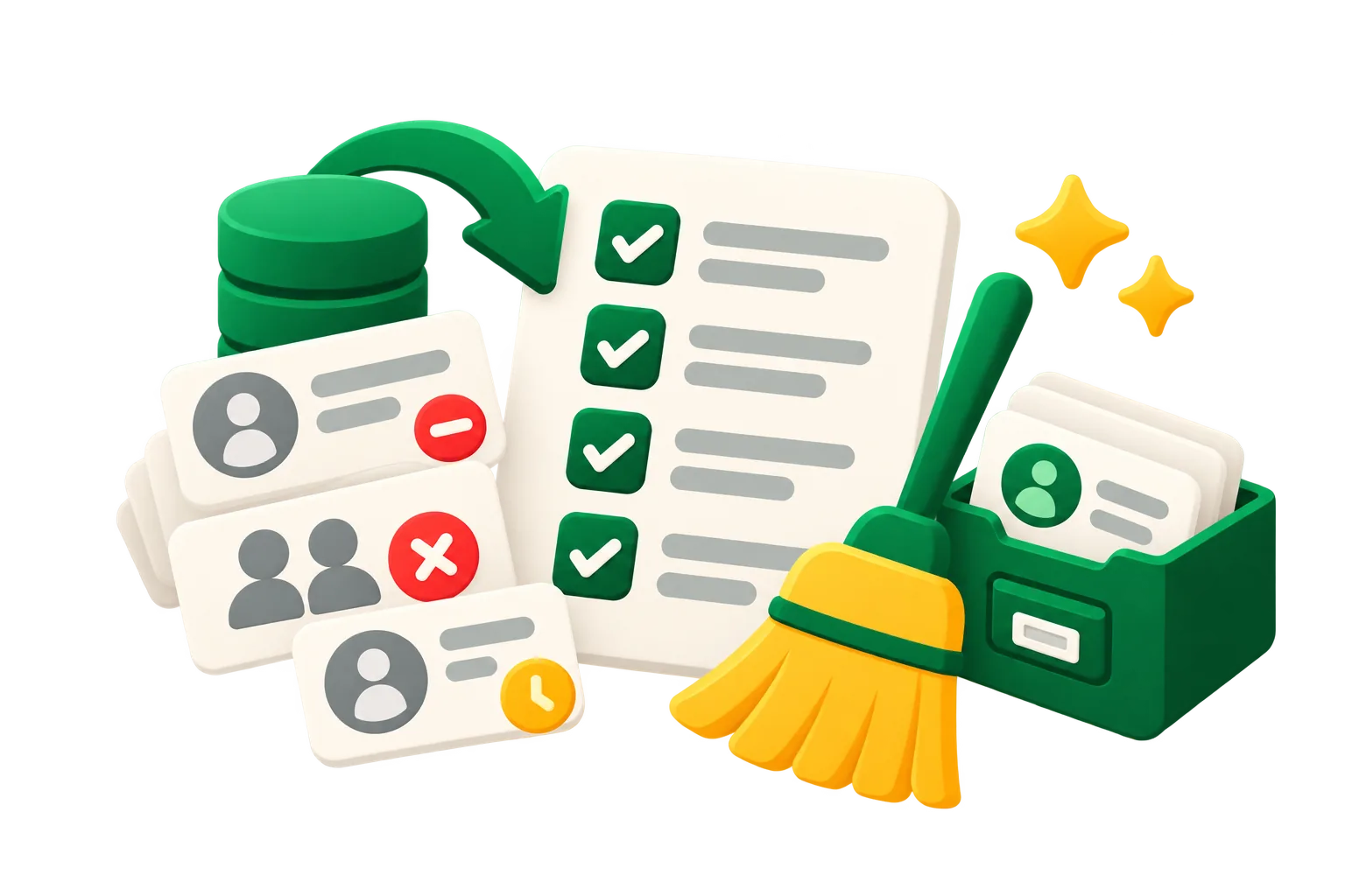 A broom sweeping out removed contacts while a checklist and an archive drawer keep the rest