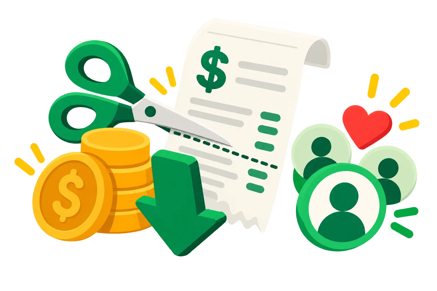 Scissors cutting a Mailchimp bill next to coins and an arrow pointing down, with engaged contacts kept