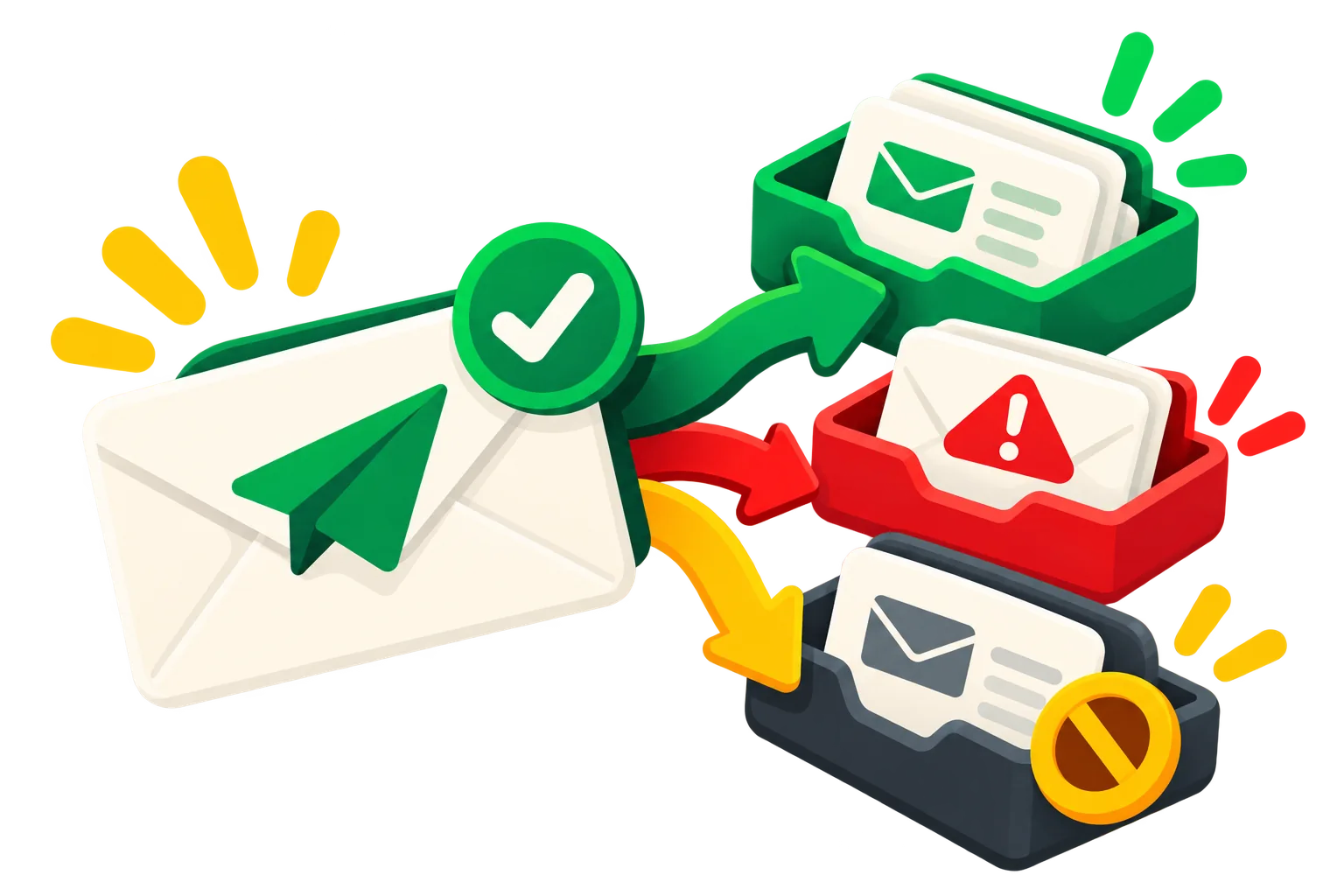 An email routed three ways: to the inbox, to the spam folder or blocked