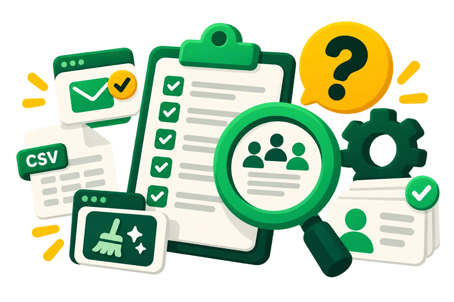 A list cleaning checklist with a magnifier over contacts, a CSV export, settings and a cleaned list