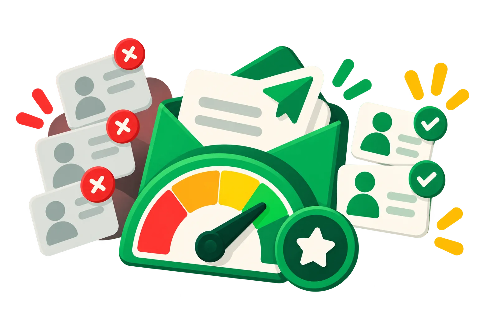 A sender reputation gauge moving to green as bad contacts are removed and engaged ones stay